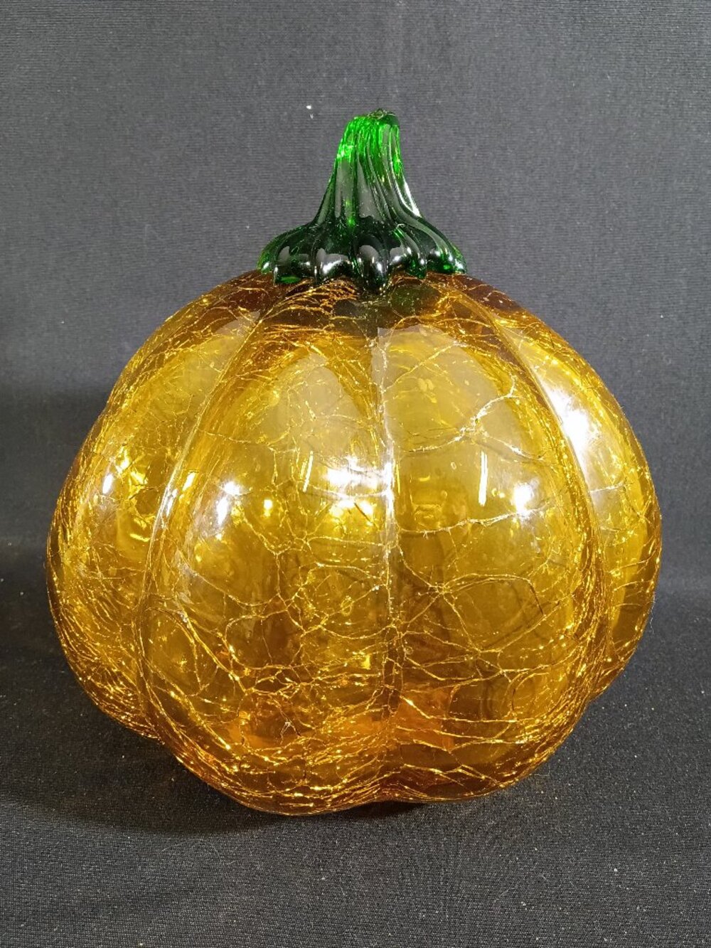 Pacific Rim Amber Crackle Glass Pumpkin Green Stem Fall Thanksgiving Decor